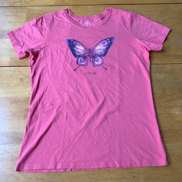 Amadora Sport Tops - Fly Away Butterfly Print Pink T-Shirt, casual short sleeve tee, Size M